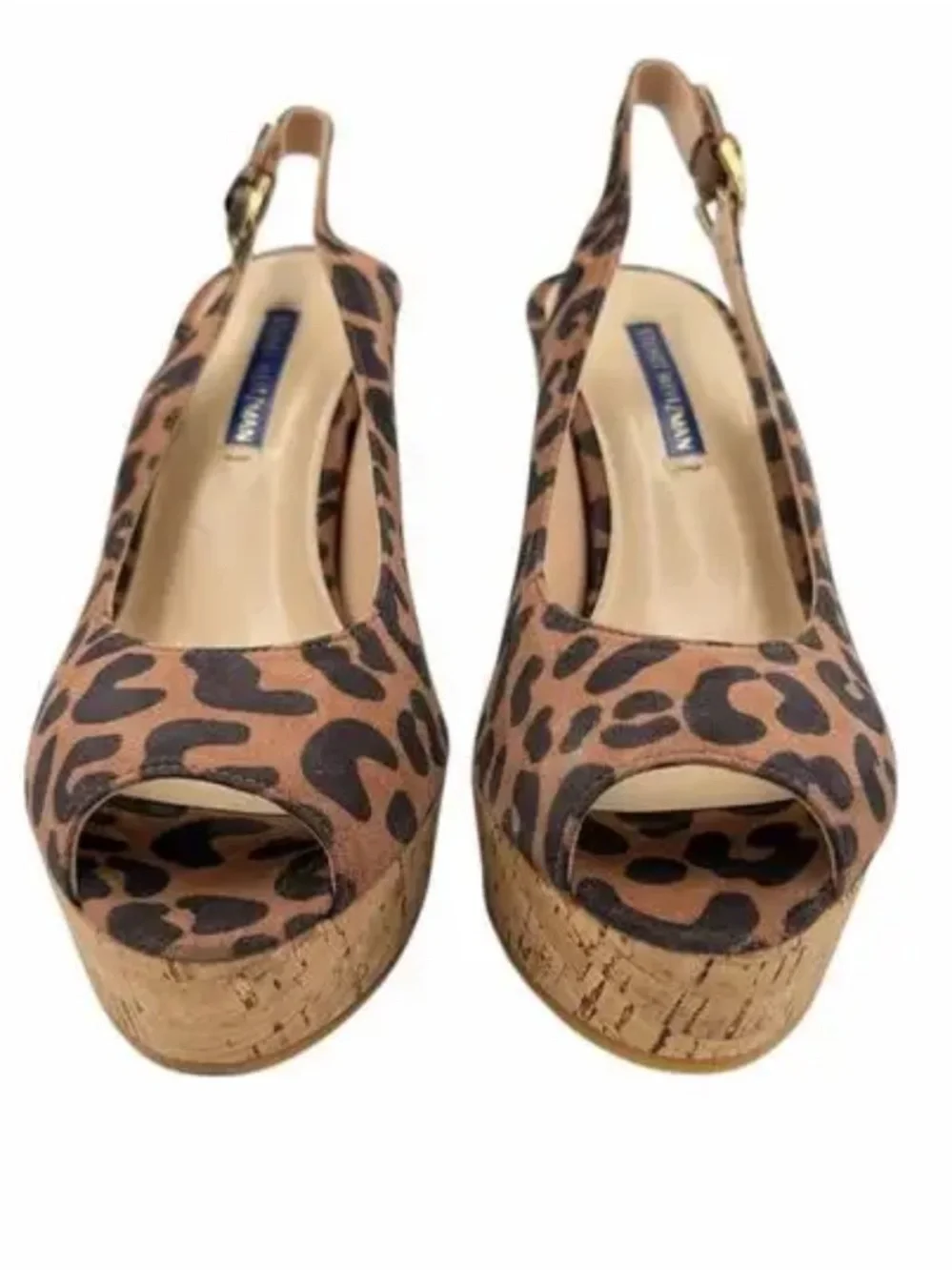 Stuart Weitzman Leopard Print Brown Cork Wedge Slingbacks - Picture 2 of 15